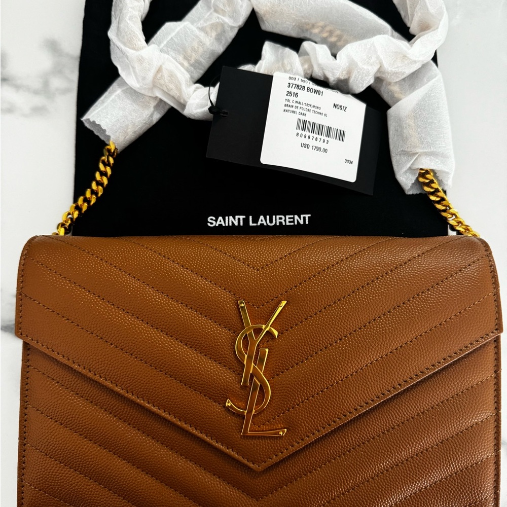 YSL Grain De Poudre Matelasse Chevron Cassandre Chain Wallet in Tan